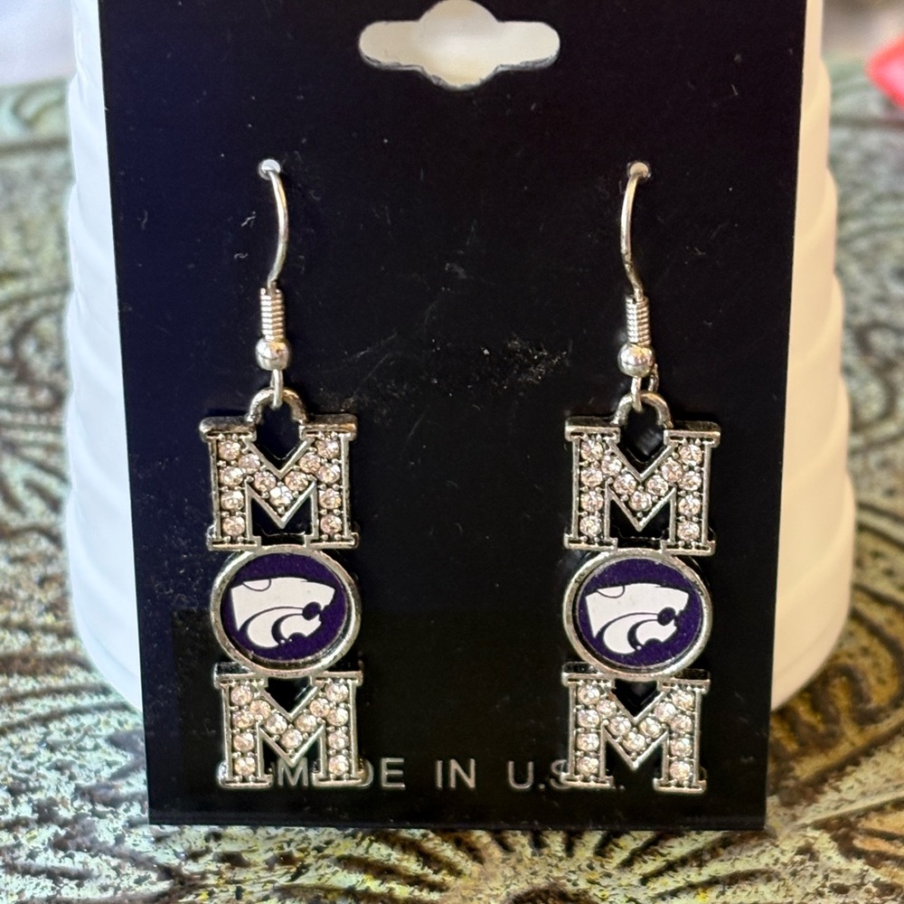 NWT K-State University Silver, rhinestones & Purple Mom pierced Earrings